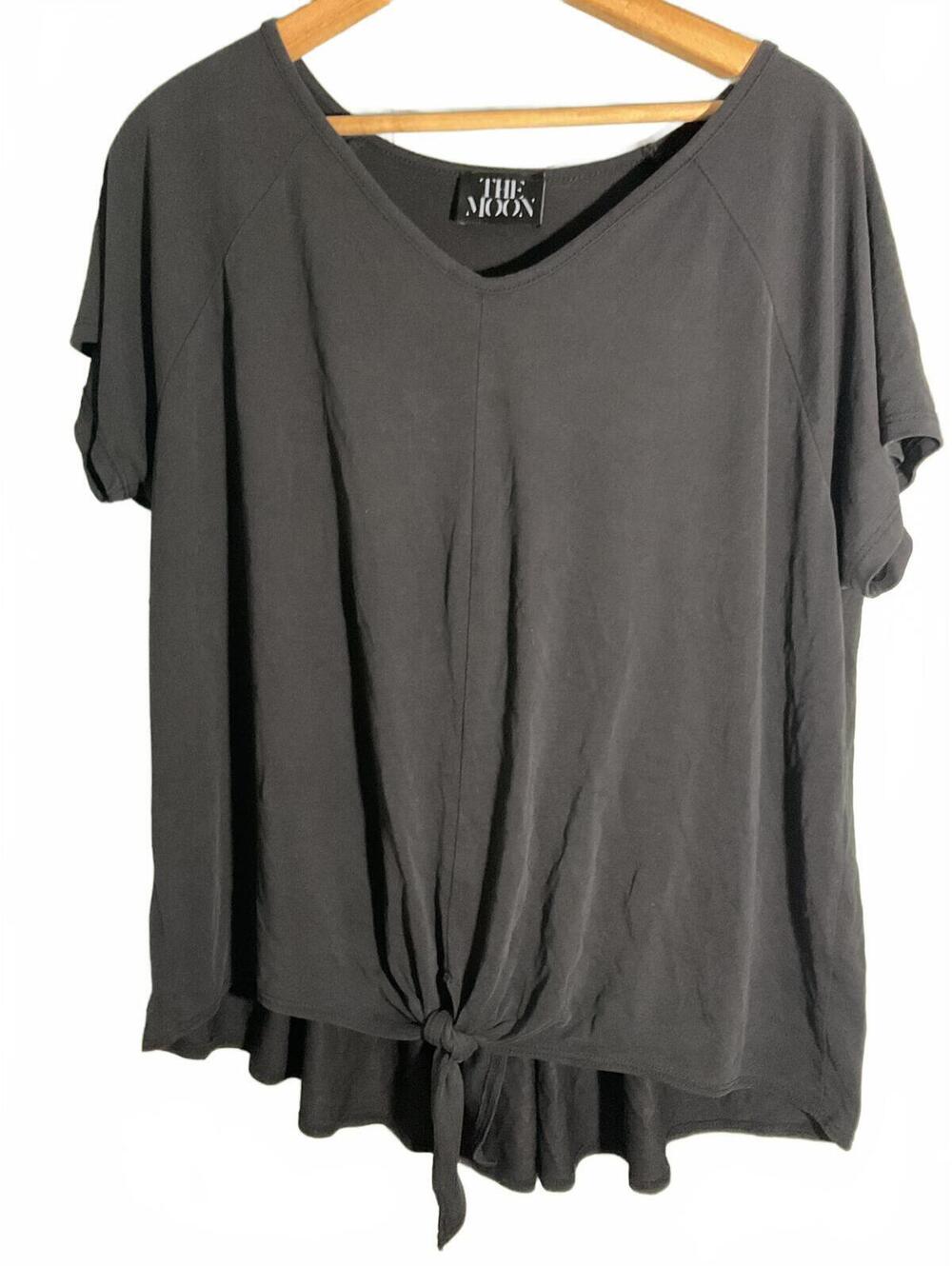 The Moon Charcoal Gray Short Sleeve Tie Front Top